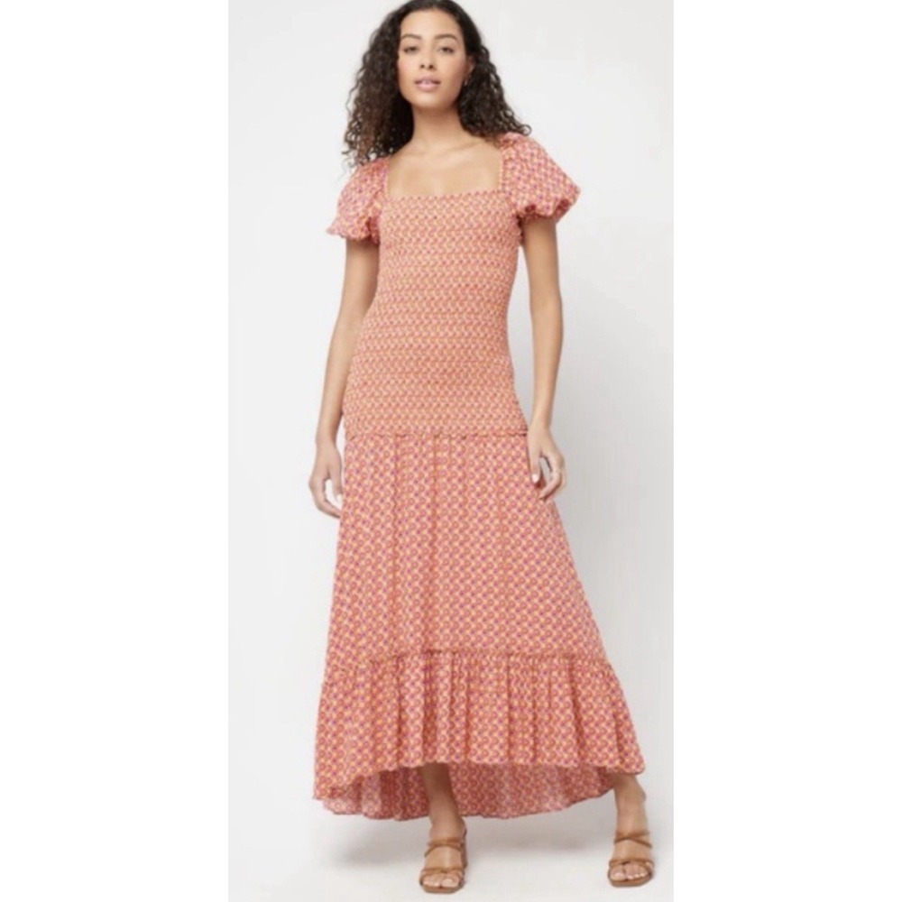 Revolve L*Space Simone Summatime Check Floral Smocked Maxi Dress Ruffled SZ SM